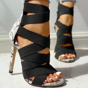Lace-Up Bandage Patchwork Snakeskin Thin Heeled Sa
